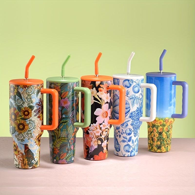 40oz Flower Tumbler Stainless Steel Thermal Bottle Lid Straw Handle