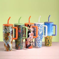 40oz Flower Tumbler Stainless Steel Thermal Bottle Lid Straw Handle