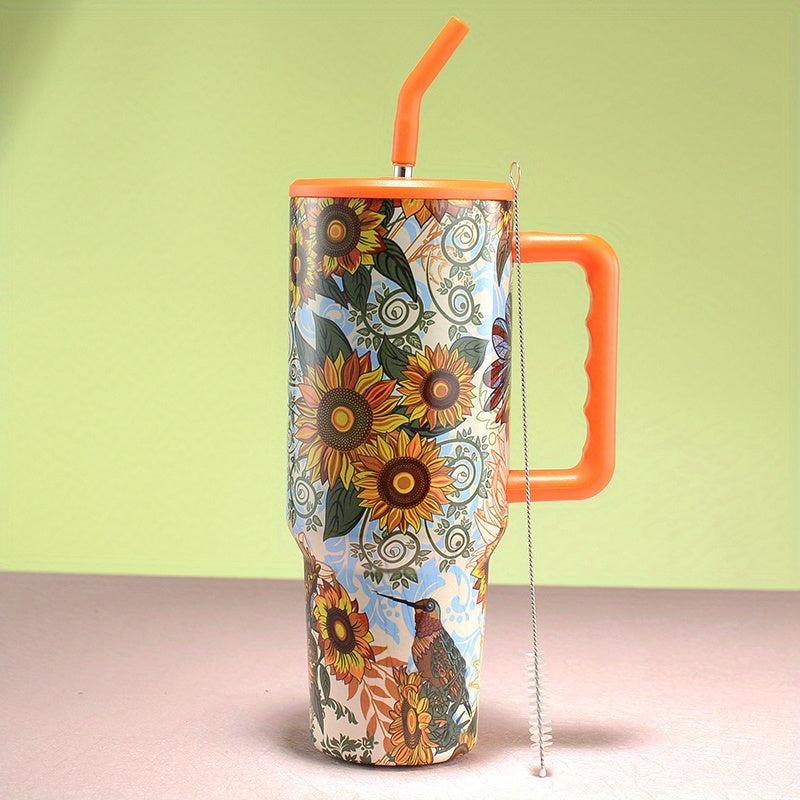 40oz Flower Tumbler Stainless Steel Thermal Bottle Lid Straw Handle