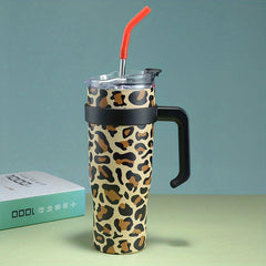 Leopard Print Tumbler 40oz Stainless Steel Thermal Water Bottle With Handle