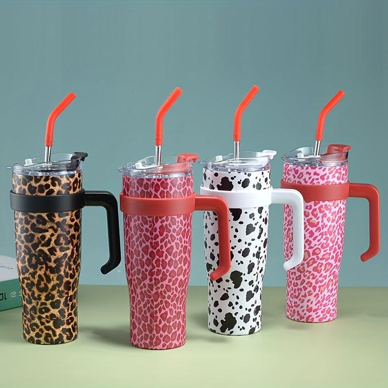 Leopard Print Tumbler 40oz Stainless Steel Thermal Water Bottle With Handle