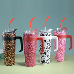 Leopard Print Tumbler 40oz Stainless Steel Thermal Water Bottle With Handle