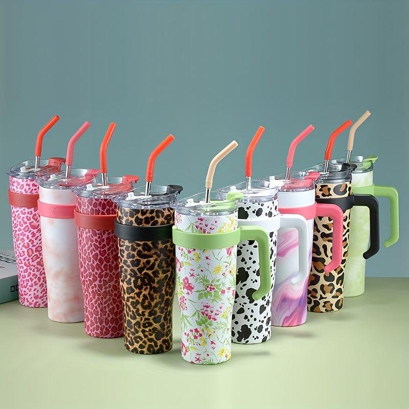 Leopard Print Tumbler 40oz Stainless Steel Thermal Water Bottle With Handle