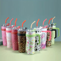 Leopard Print Tumbler 40oz Stainless Steel Thermal Water Bottle With Handle