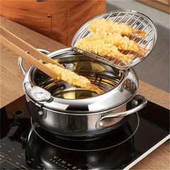 Tempura Deep Fry Pot Stainless Steel Thermometer Japanese Style Cookware