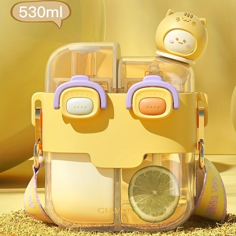 Cartoon Double Drinks Water Bottle With Straw & Strap, Heat Resistant