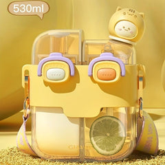 Cartoon Double Drinks Water Bottle With Straw & Strap, Heat Resistant