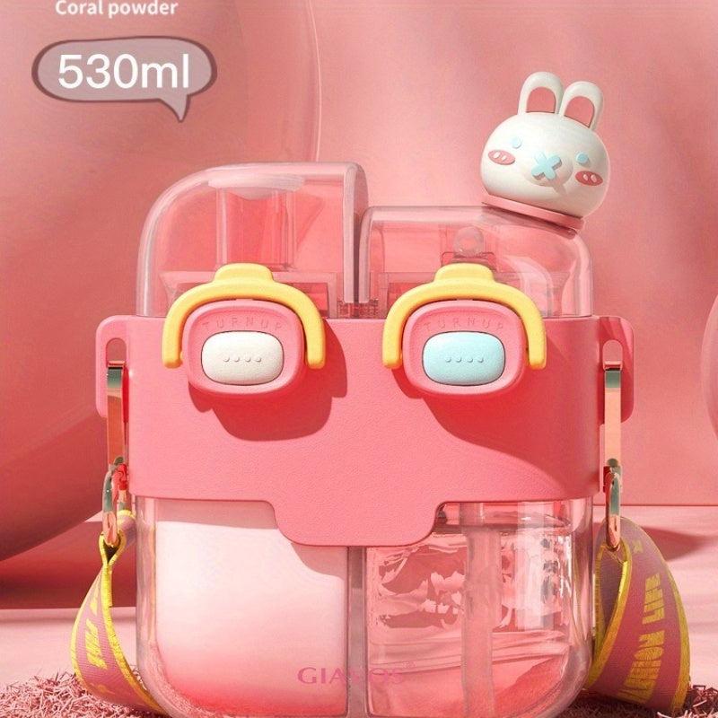 Cartoon Double Drinks Water Bottle With Straw & Strap, Heat Resistant