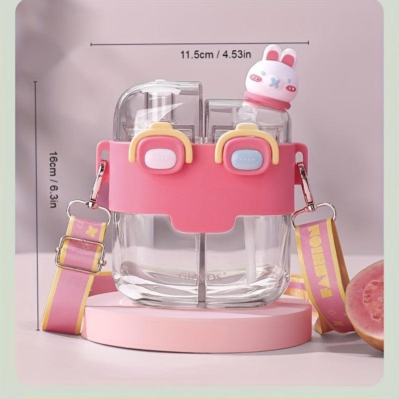 Cartoon Double Drinks Water Bottle With Straw & Strap, Heat Resistant
