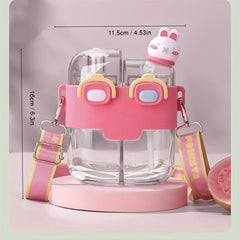 Cartoon Double Drinks Water Bottle With Straw & Strap, Heat Resistant