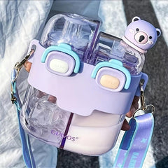 Cartoon Double Drinks Water Bottle With Straw & Strap, Heat Resistant