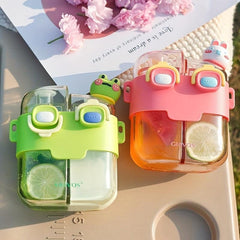 Cartoon Double Drinks Water Bottle With Straw & Strap, Heat Resistant