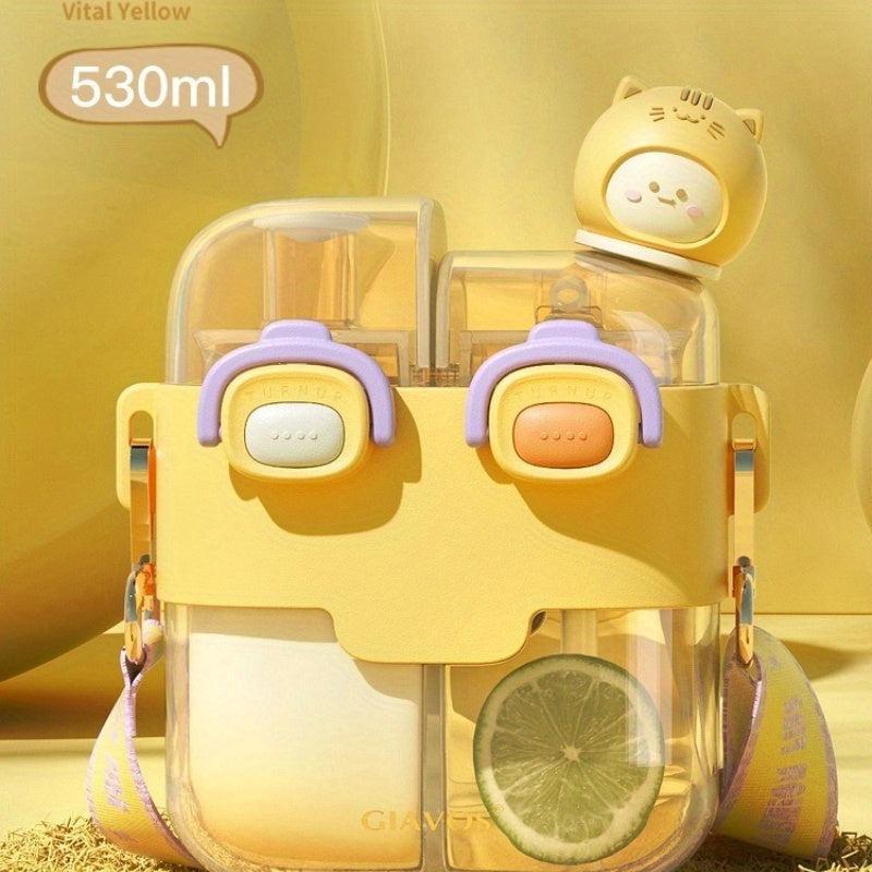 Cartoon Double Drinks Water Bottle With Straw & Strap, Heat Resistant
