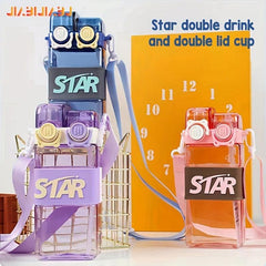 Cartoon Straw Cup Double Drink Double Lid Cartoon Cup Study Outdoor