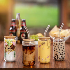High Borosilicate Glass Water Cup With Airtight Lids & Straws