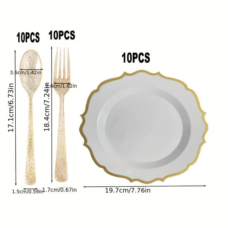 30pcs Plastic Cutlery Set with Golden Edge Sunflower Plate
