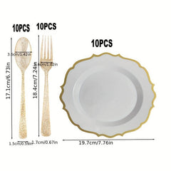 30pcs Plastic Cutlery Set with Golden Edge Sunflower Plate