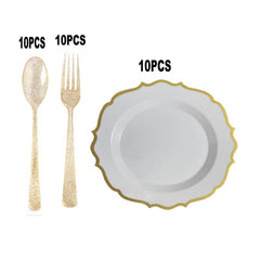 30pcs Plastic Cutlery Set with Golden Edge Sunflower Plate