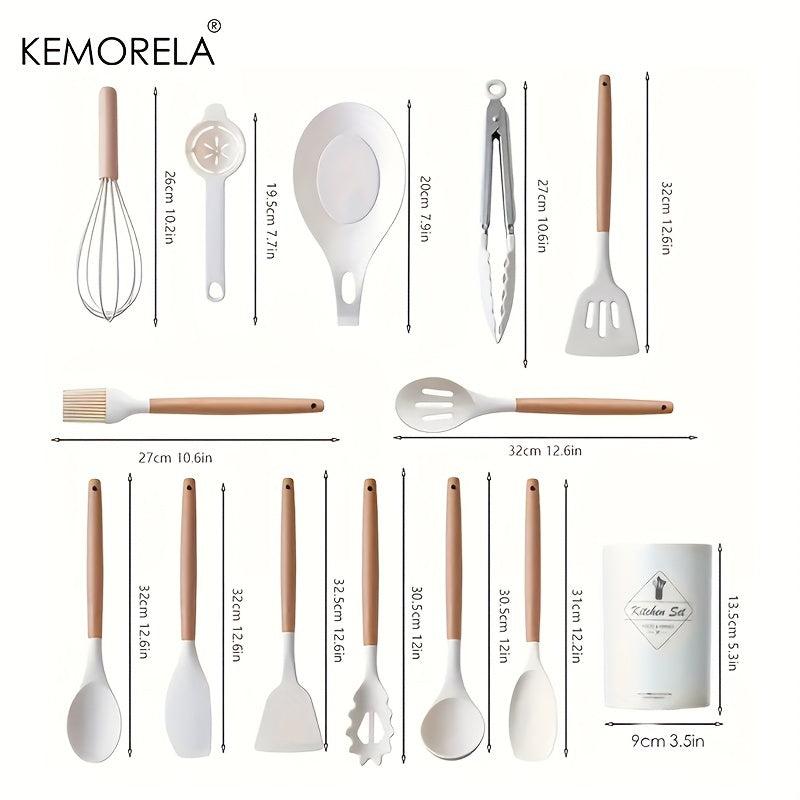 14pcs Silicone Utensil Set with Wooden Handle & Storage Bucket