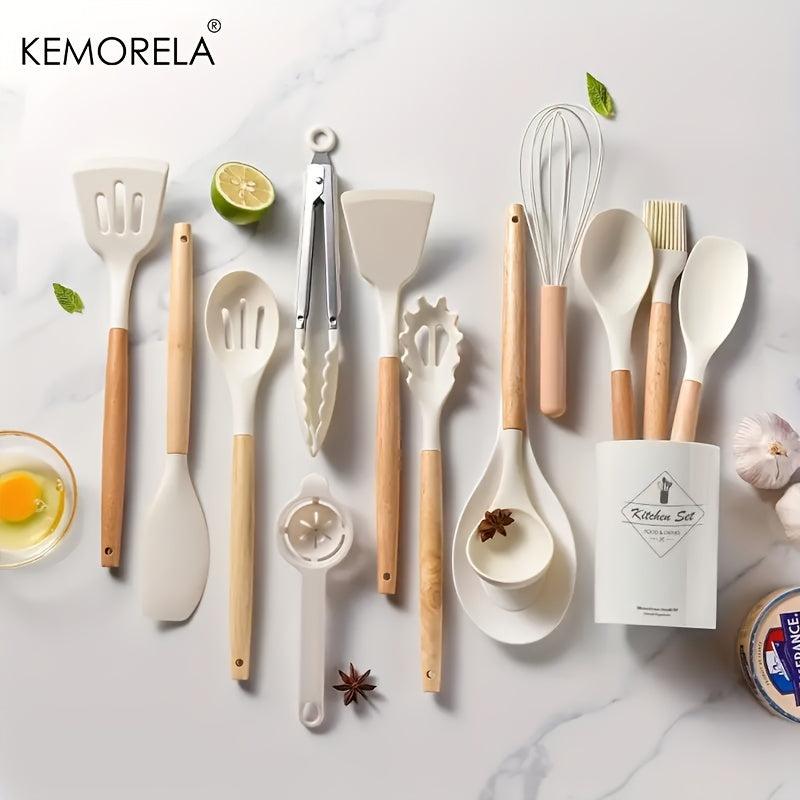 14pcs Silicone Utensil Set with Wooden Handle & Storage Bucket