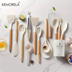 14pcs Silicone Utensil Set with Wooden Handle & Storage Bucket