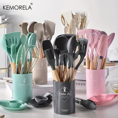 14pcs Silicone Utensil Set with Wooden Handle & Storage Bucket
