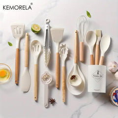 14pcs Silicone Utensil Set with Wooden Handle & Storage Bucket