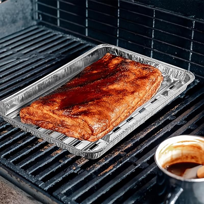 10 Pack Aluminum Grill Pans 22.86x33.02cm BBQ Grill Texture Disposable
