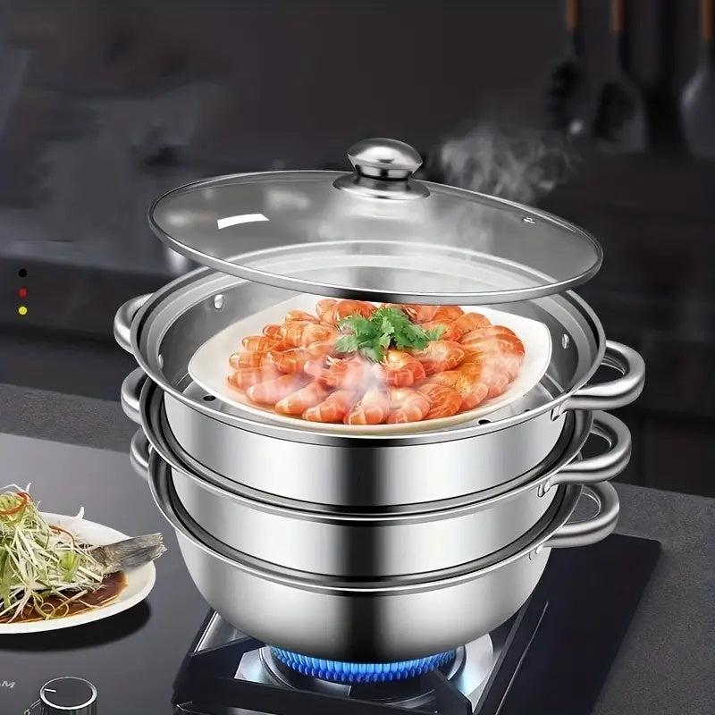 3pcs Stainless Steel Steamer Soup Pot Cookware