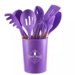 12pcs Silicone Cooking Tools Set with Wooden Handles Kitchen Utensils