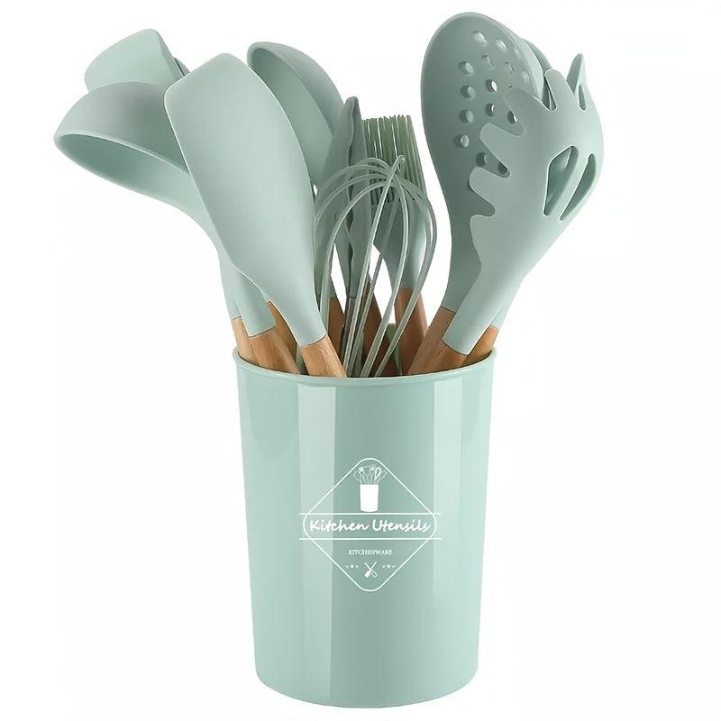 12pcs Silicone Cooking Tools Set with Wooden Handles Kitchen Utensils