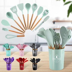 12pcs Silicone Cooking Tools Set with Wooden Handles Kitchen Utensils