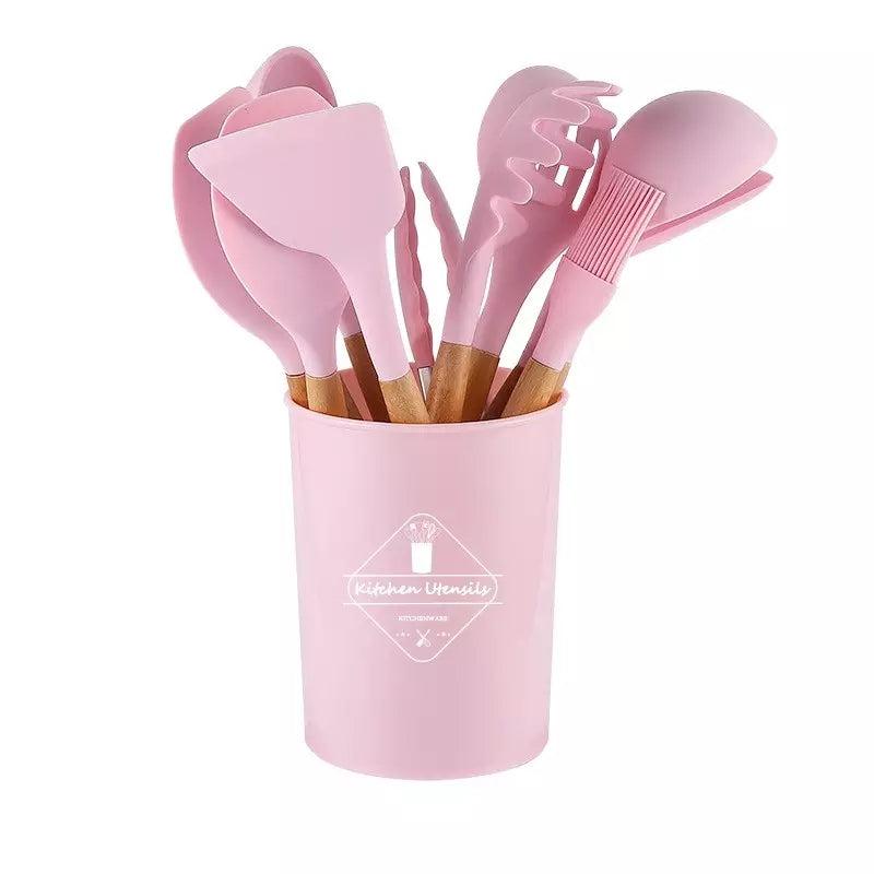 12pcs Silicone Cooking Tools Set with Wooden Handles Kitchen Utensils