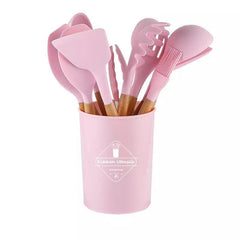 12pcs Silicone Cooking Tools Set with Wooden Handles Kitchen Utensils