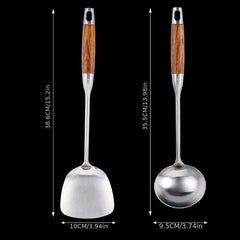 Stainless Steel Wok Spatula Soup Ladle Wooden Handle Kitchen Utensils