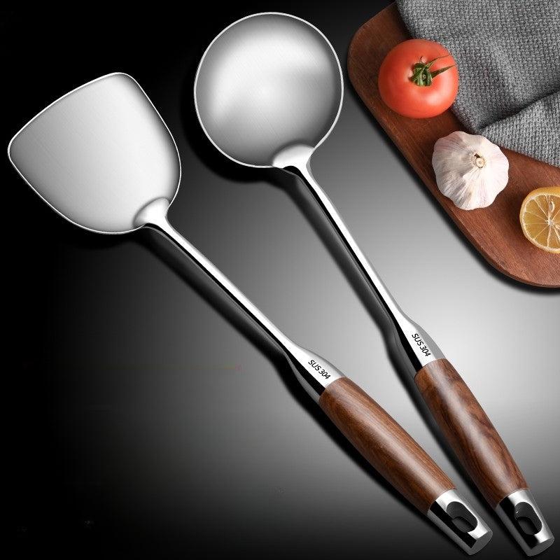 Stainless Steel Wok Spatula Soup Ladle Wooden Handle Kitchen Utensils