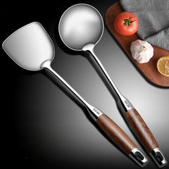 Stainless Steel Wok Spatula Soup Ladle Wooden Handle Kitchen Utensils