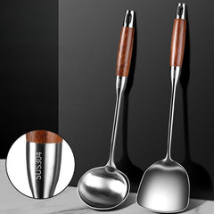 Stainless Steel Wok Spatula Soup Ladle Wooden Handle Kitchen Utensils