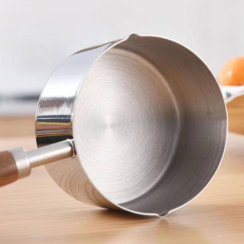 Small Milk Pan with Wooden Handle and Dual Pour Spouts