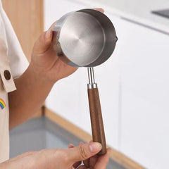 Small Milk Pan with Wooden Handle and Dual Pour Spouts