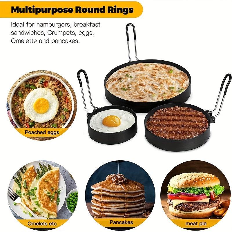 3pcs Non Stick Egg Ring Baking Pan Set Omelet Egg Cooker Mold With Brush