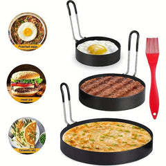 3pcs Non Stick Egg Ring Baking Pan Set Omelet Egg Cooker Mold With Brush