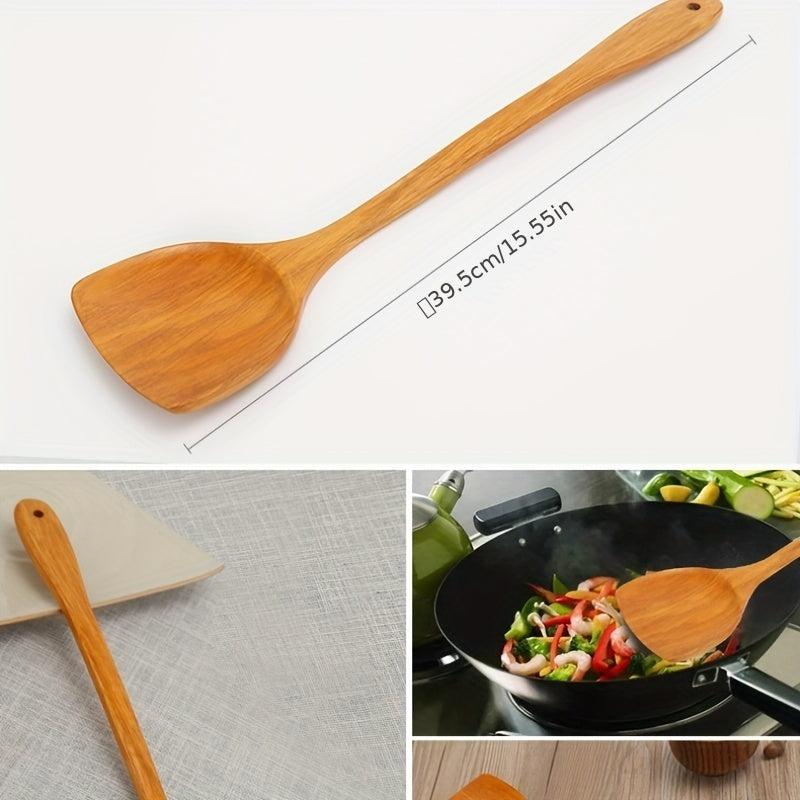 4Pcs Wooden Kitchen Utensils Set Non Stick Long Handle Shovel Ladle Spatula