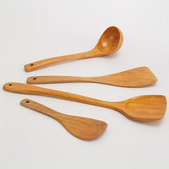 4Pcs Wooden Kitchen Utensils Set Non Stick Long Handle Shovel Ladle Spatula