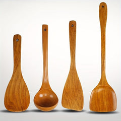 4Pcs Wooden Kitchen Utensils Set Non Stick Long Handle Shovel Ladle Spatula