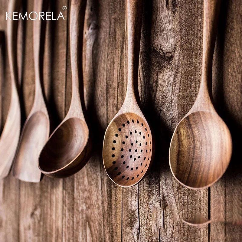 Teak Wood Tableware Set Spoon Ladle Turner Colander Skimmer Kitchen Tool