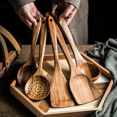 Teak Wood Tableware Set Spoon Ladle Turner Colander Skimmer Kitchen Tool