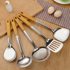 Wood Grain Handle Stainless Steel Pot Shovel Soup Spoon Frying Shovel
