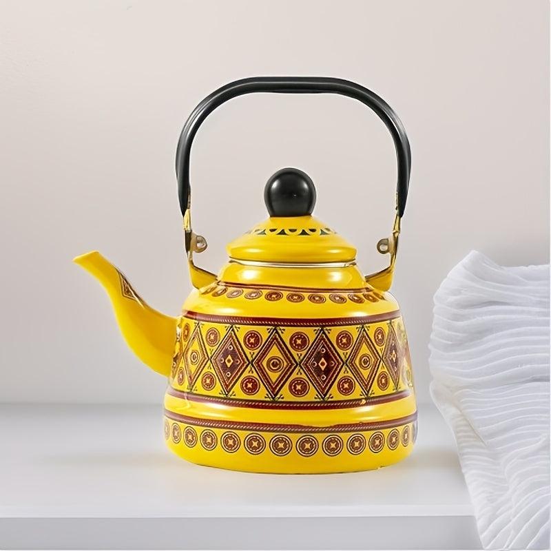 Vintage Enamel Teapot 48oz Stovetop Kettle Geometric Pattern English Kettle