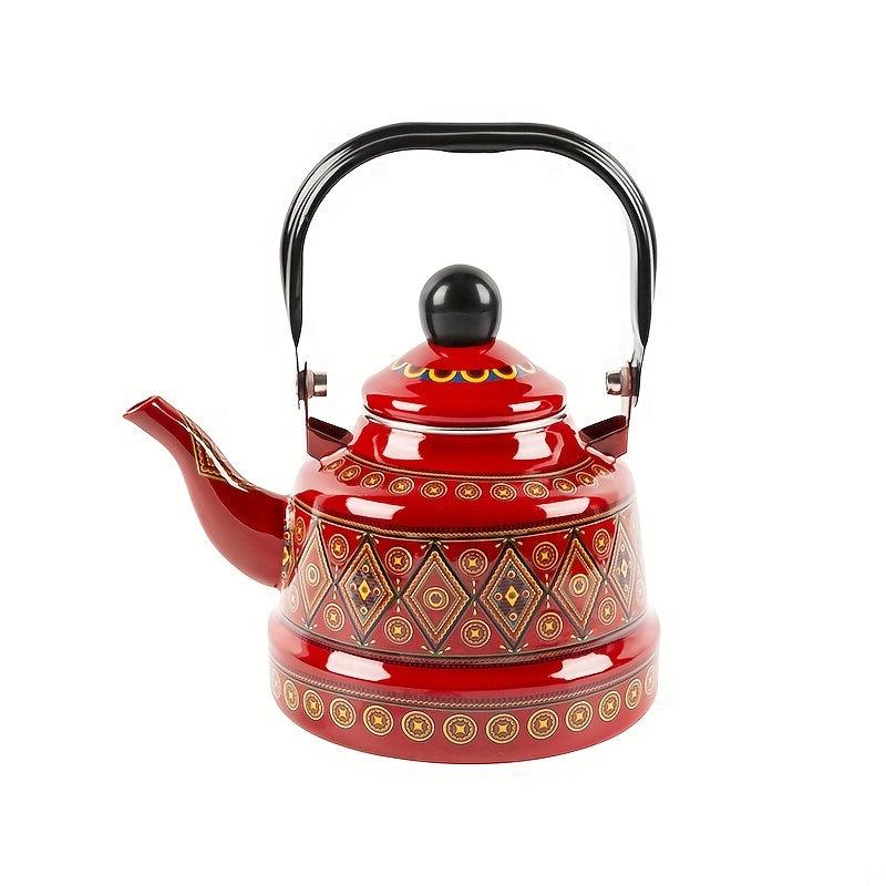 Vintage Enamel Teapot 48oz Stovetop Kettle Geometric Pattern English Kettle